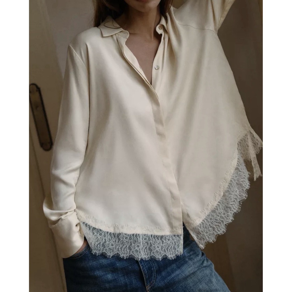 Zara Ecru Satin Long Sleeve Button Lace Top 90s Ethereal Coquette Romantic Fairy